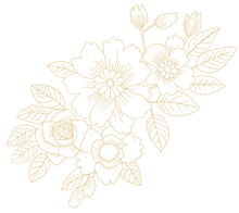 Delicate pale gold line-art bouquet of flowers and leaves on a white background