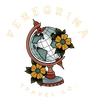 Peregrina Travel Co. logo with a globe, flowers, and curved text on a white background