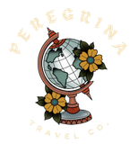Peregrina Travel Co. logo with a globe, flowers, and curved text on a white background