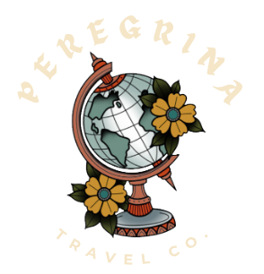 Peregrina Travel Co. logo with a globe, flowers, and curved text on a white background