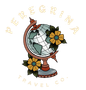 Peregrina Travel Co. logo with a globe, flowers, and curved text on a white background