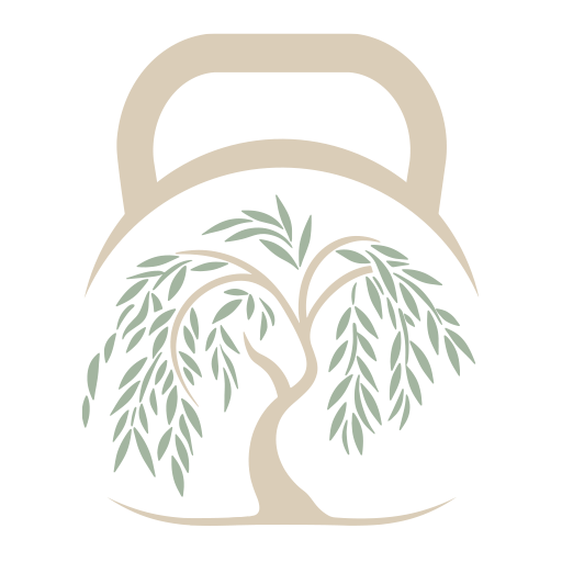 The logo for willowfit is a kettlebell with a tree in the middle.