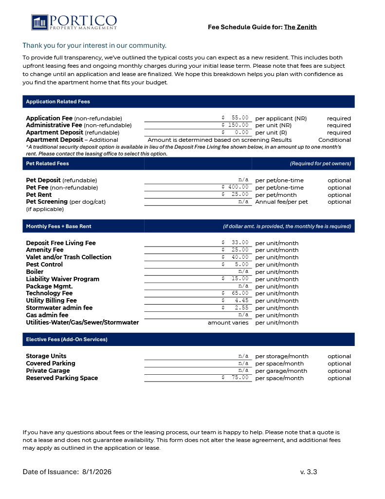 The Zenith Fee Sheet.