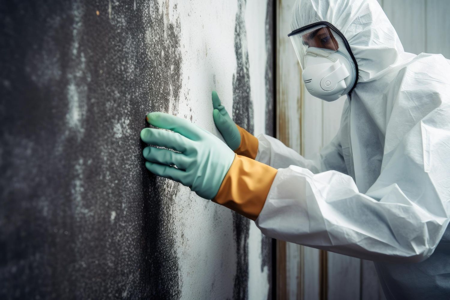 A man in a protective suit is inspecting mold on a wall in Queens, NY.