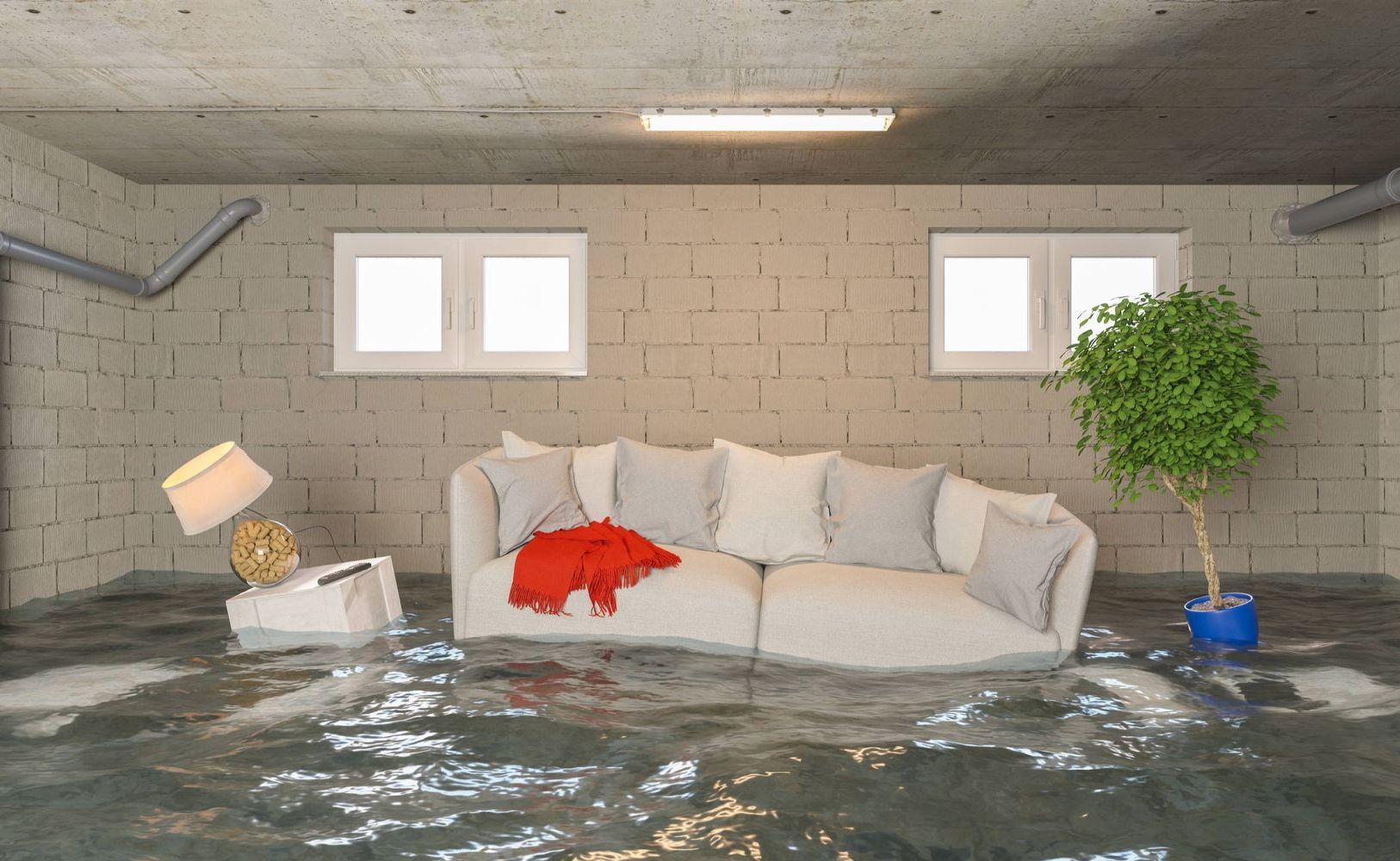 A couch floating in a basement living room filled with water in Queens, NY.