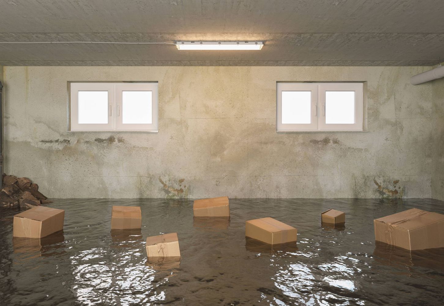 A flooded basement with boxes floating in the water in Queens, NY.