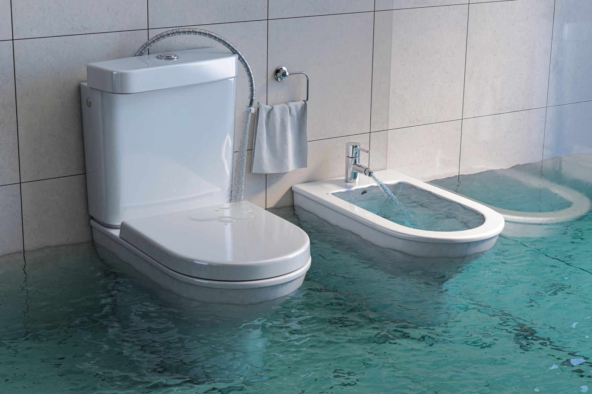 A bathroom with a toilet and bidet filled with water in Queens, NY