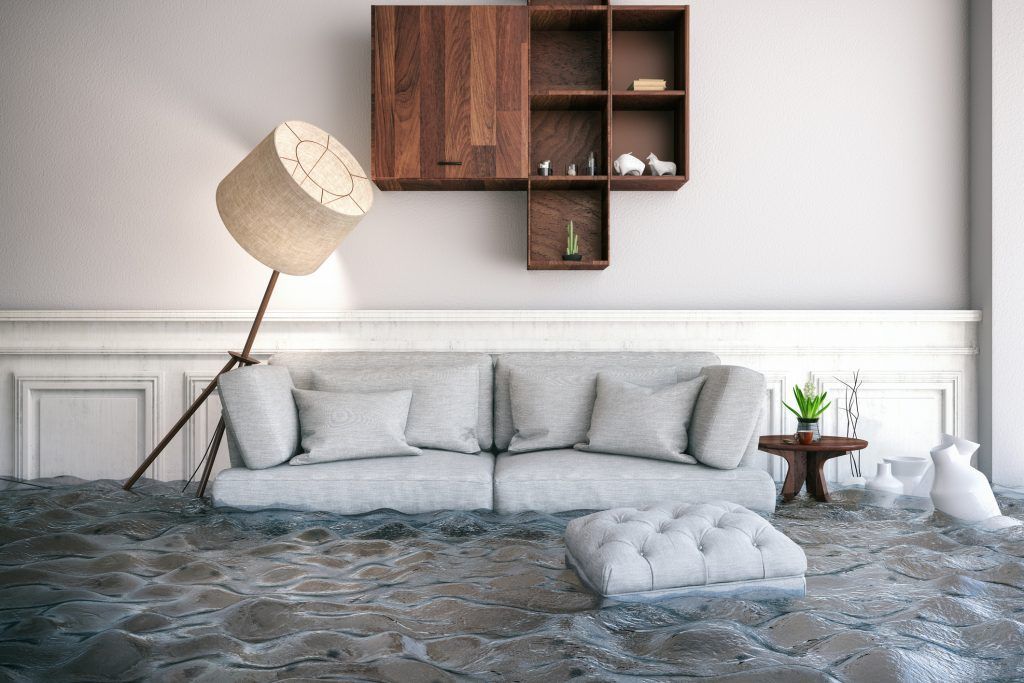 A living room with a flooded floor and a couch in Queens, NY