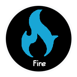A blue fire flame in a black circle with the word fire below it.