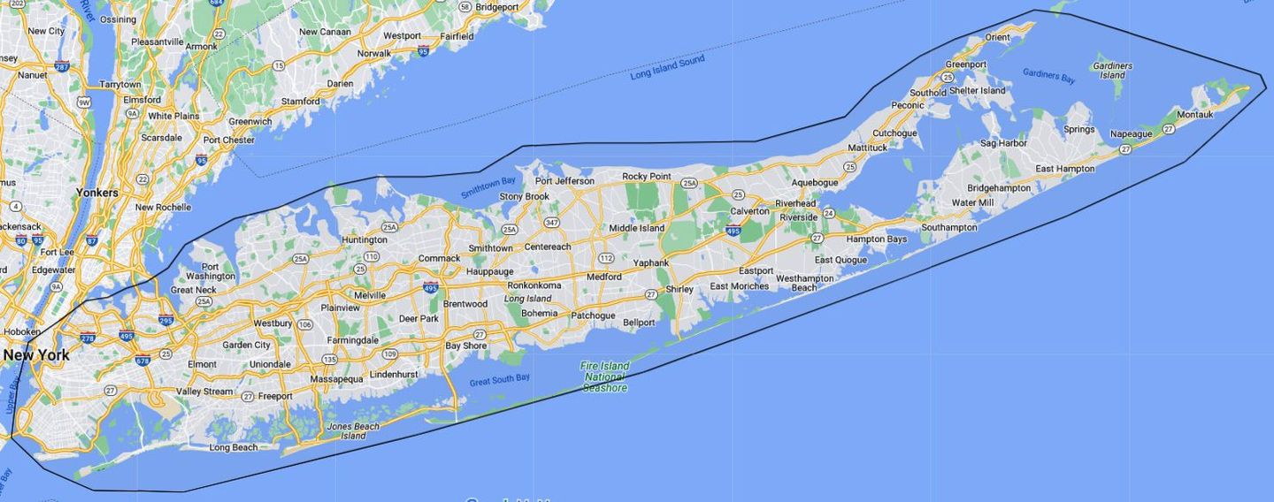 A map of long island is shown on a blue background