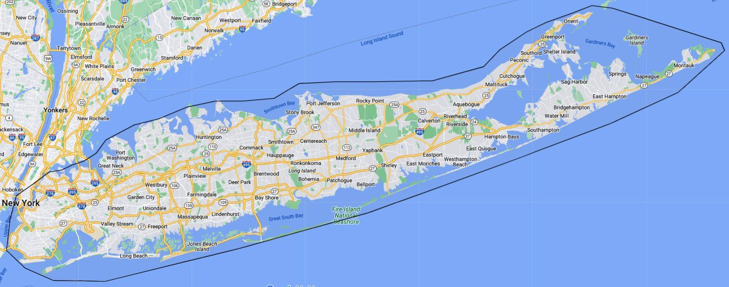 A map of long island is shown on a blue background