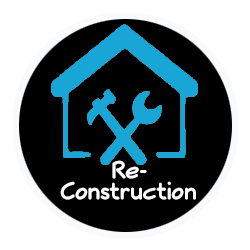 A logo for re construction with a house and tools in a circle.