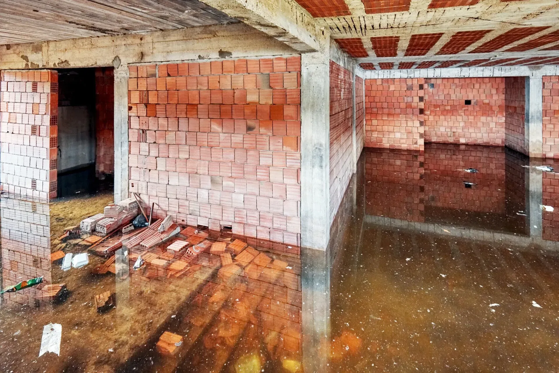 A flooded room with brick walls and a lot of water in it.