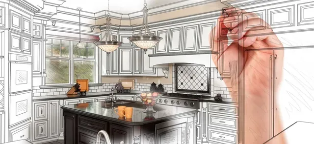 A black and white drawing of kitchen remodel plans in Queens, NY.