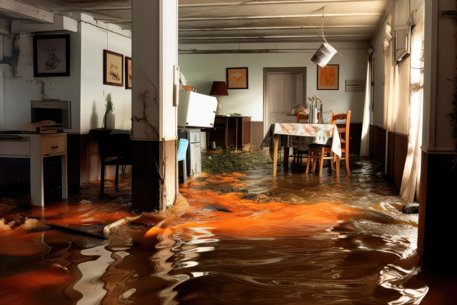 A flooded room with a table and chairs in Queens, NY