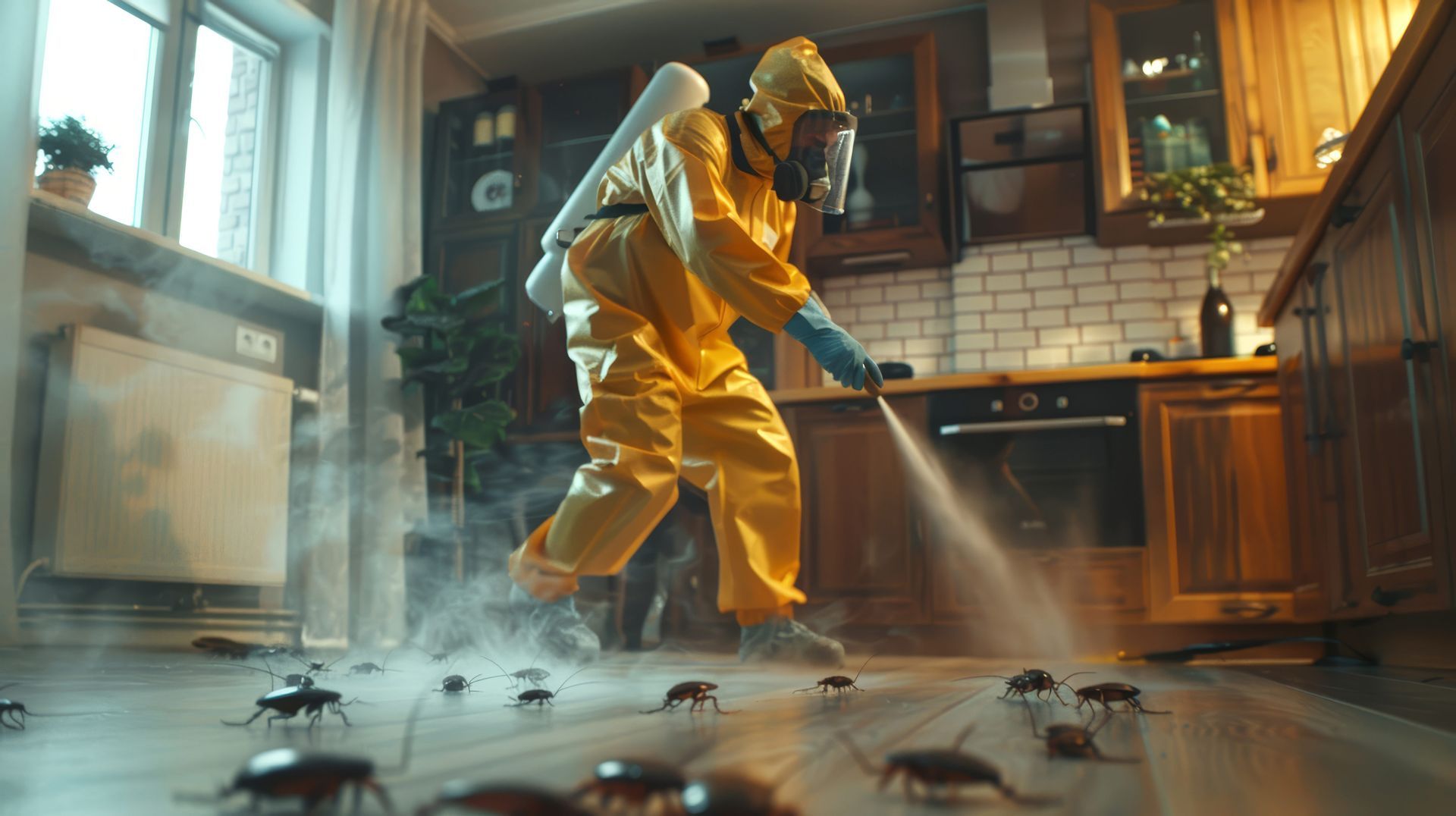Professional exterminator focusing on cockroach infestation on kitchen floor.