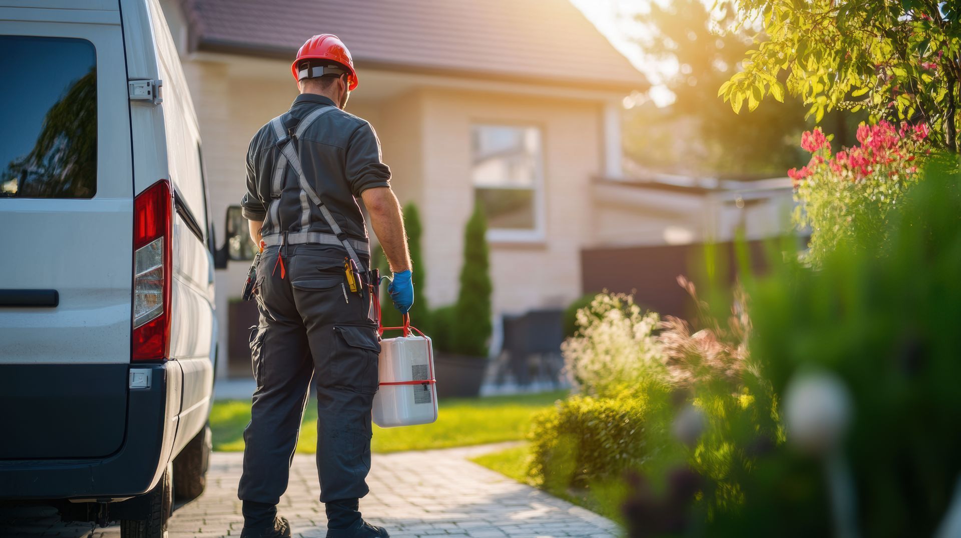 Pest control worker holding a sprayer beside a service van outdoors. Pest control worker holding a sprayer beside a service van outdoors.