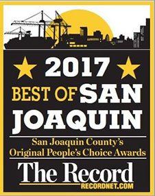 2017 Best of San Joaquin award logo. Black and gold design with city skyline and ship silhouette, from The Record.