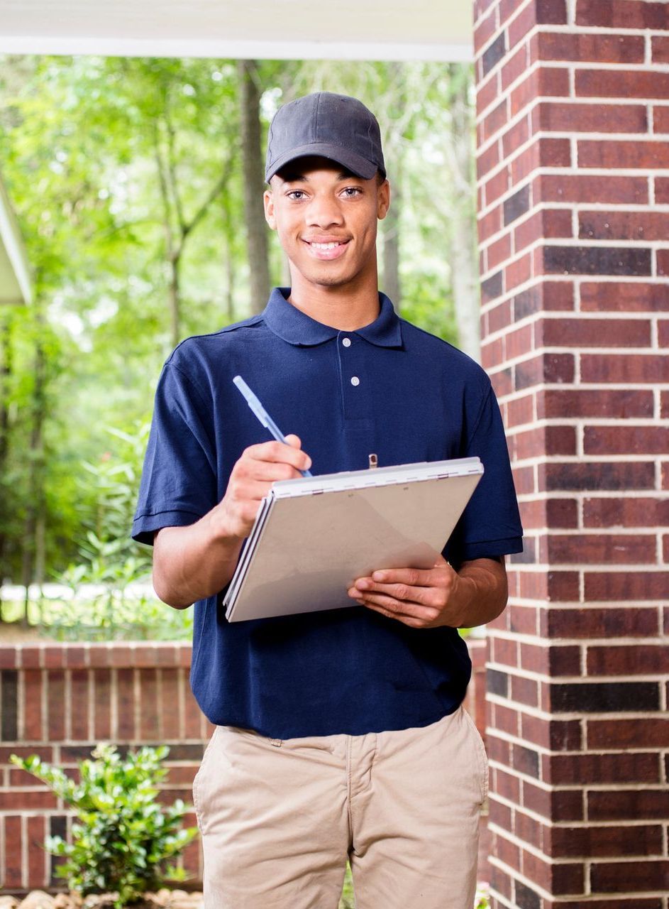 Delivery person in a blue shirt and cap, writing on a clipboard near a brick column and green foliage.