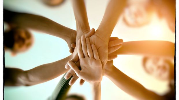Hands joined in a team huddle, lit by sunlight.