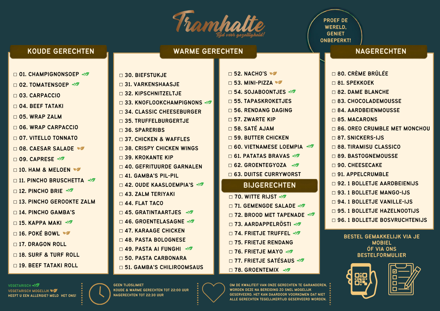Menu voor restaurant Tramhalte & Plein 7 met opties voor voorgerechten, hoofdgerechten en desserts.