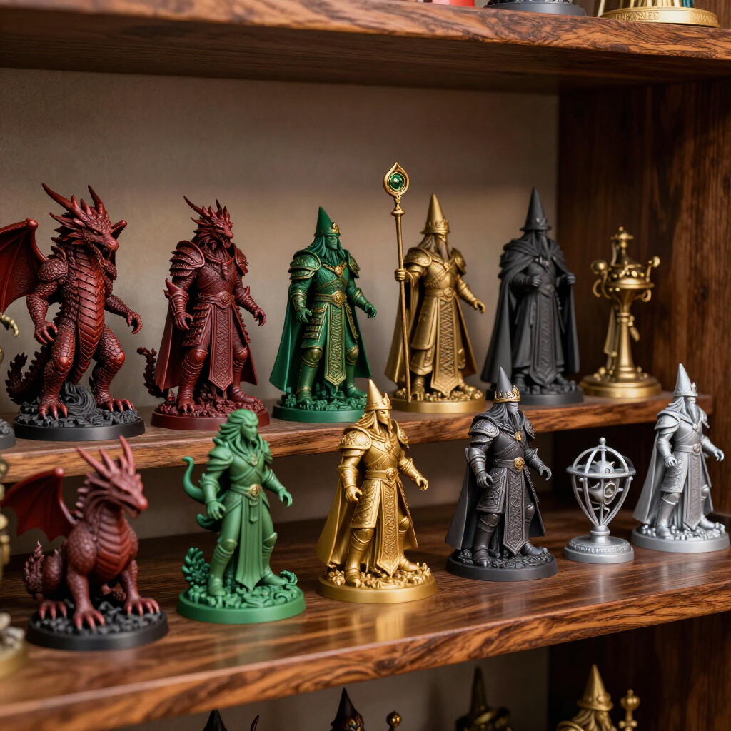 Fantasy miniatures in red, green, gold, black, and silver arranged on wooden shelves