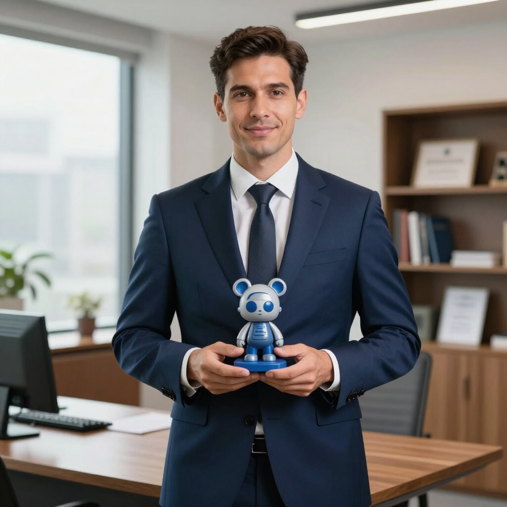 Man in navy suit holding a small blue robot trophy in a bright office