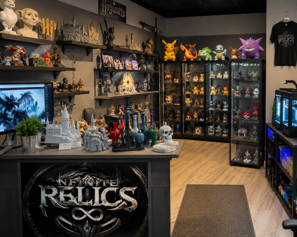 Collectibles shop interior with shelves of statues, display cases, and a front counter labeled “RELICS.”