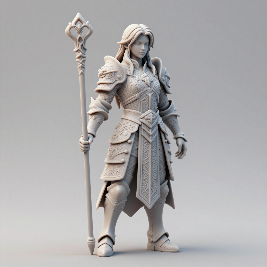 Fantasy armored warrior holding a staff, standing in a neutral pose on a plain background.