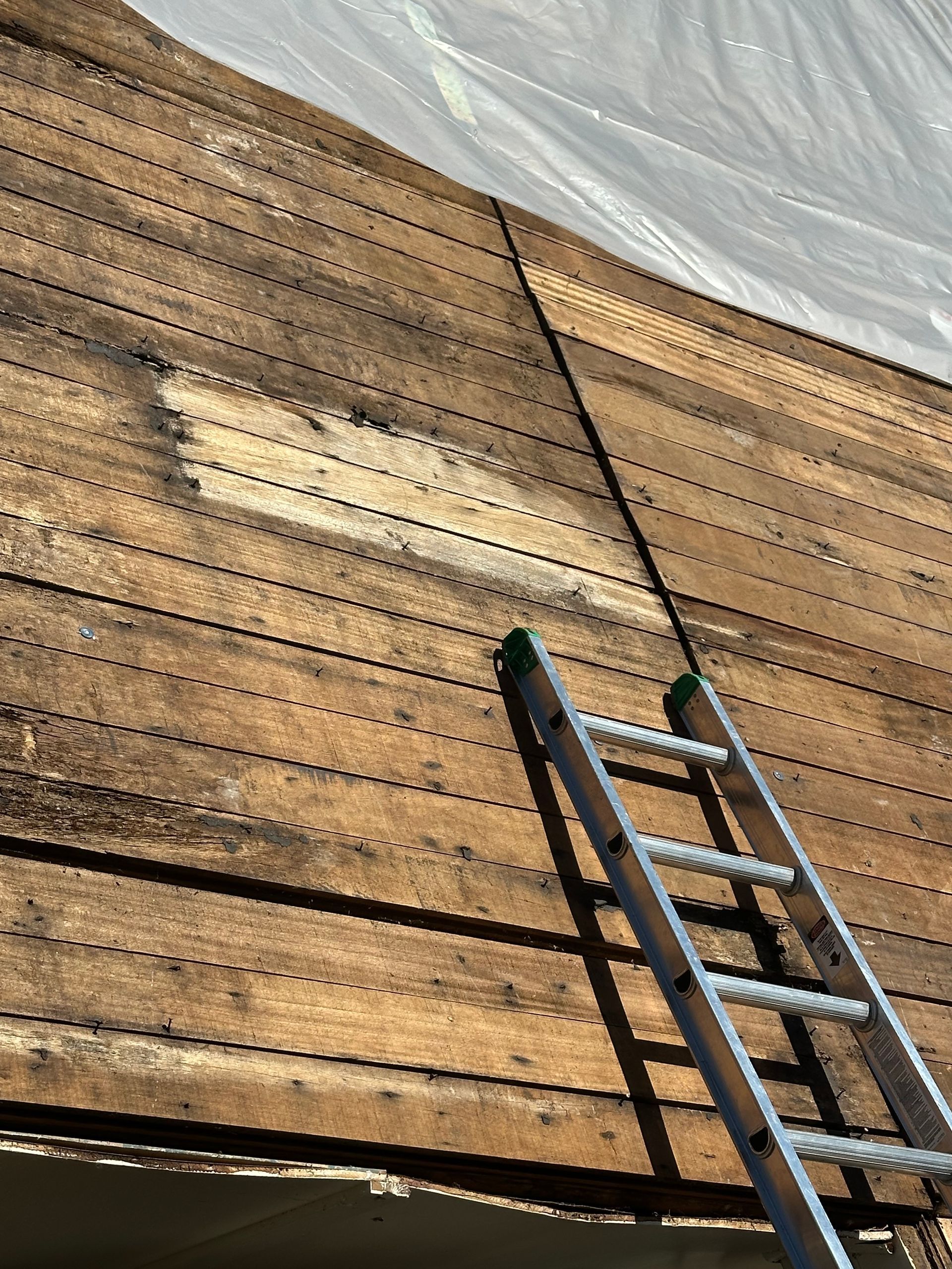 Ladder propped against a wooden wall, some areas darkened, covered by plastic sheeting.