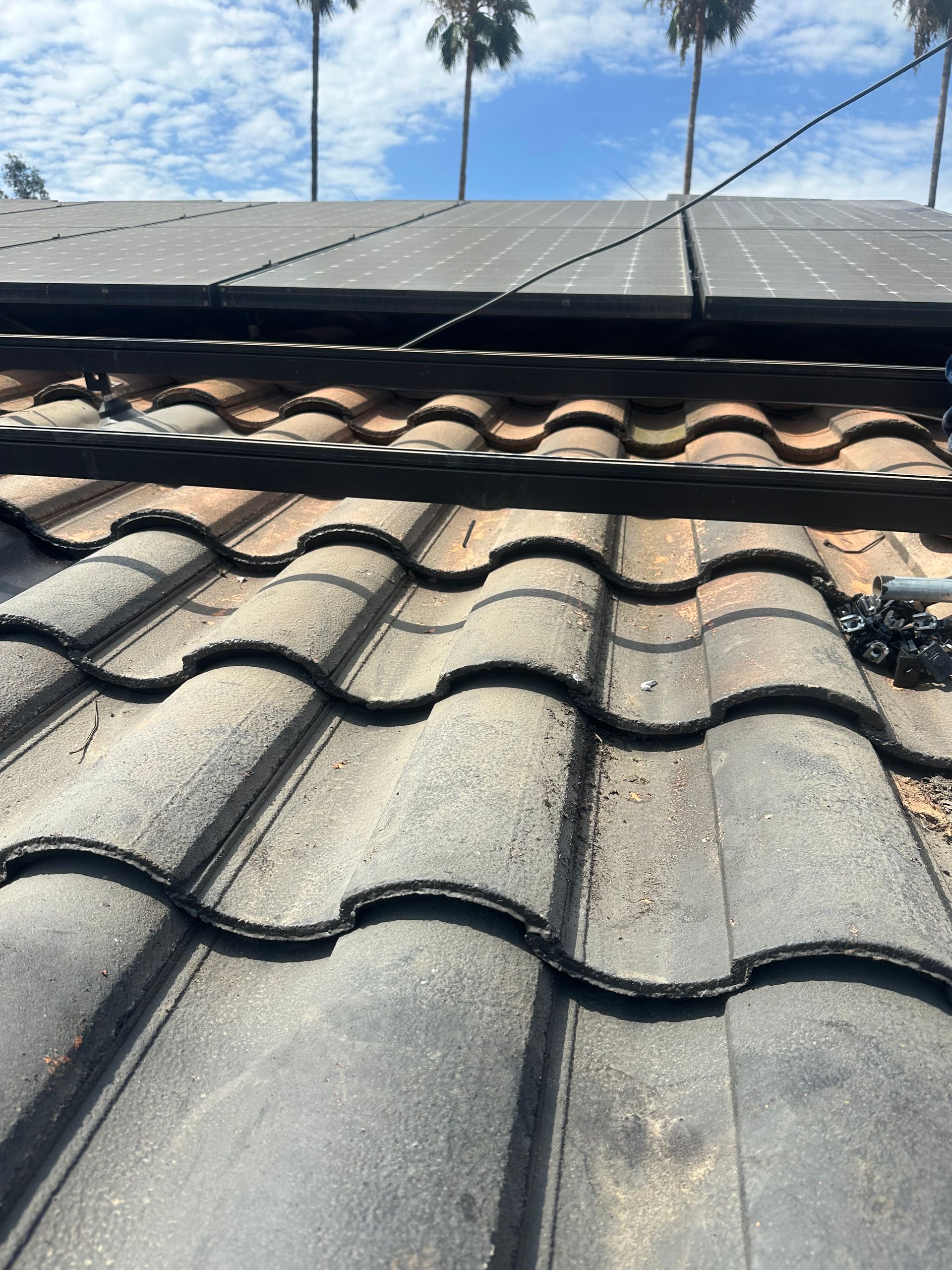 Roof tiles below solar panels on a house, with blue sky and palm trees in the background