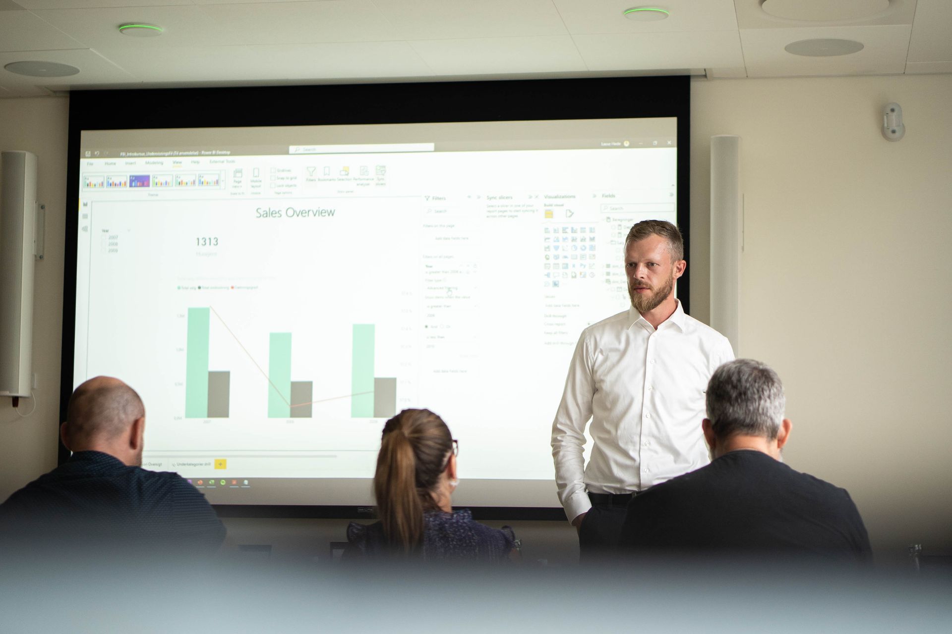 Power BI konsulent der står foran en gruppe siddende kursister