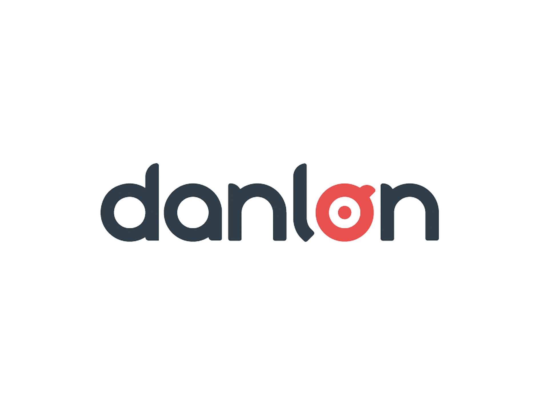 Danlon-logoet er sort og rødt på en hvid baggrund.