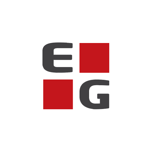 Et sort og rødt logo med bogstaverne e og g på en hvid baggrund.