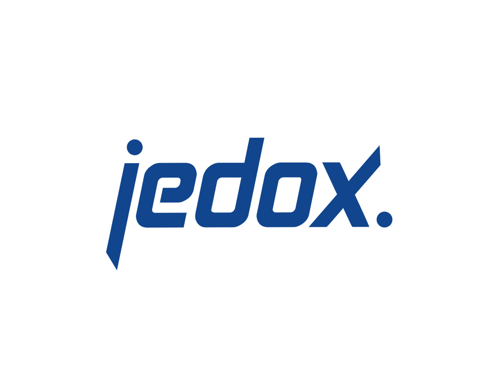 Et blåt jedox-logo på en hvid baggrund