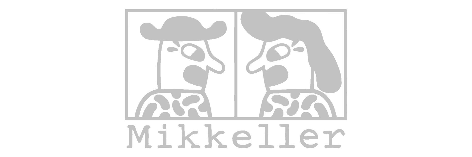 A black and white logo for mikkeller with two people standing next to each other.