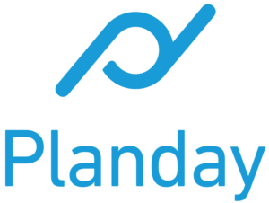 Et blåt logo til planday med hvid baggrund