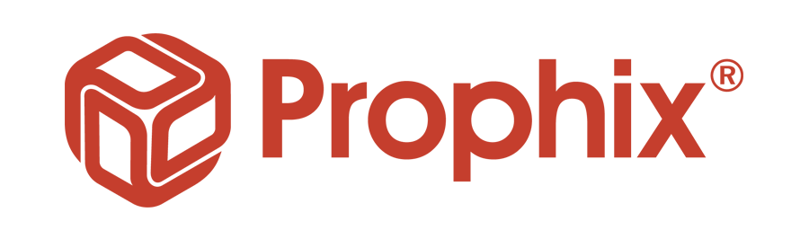 Logoet for prophix er rødt på en hvid baggrund.