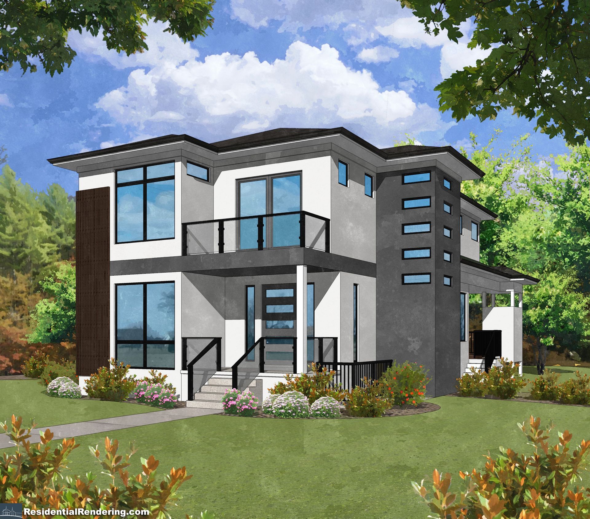 Modern two-story home with large windows, white and gray exterior, black accents, and glass balconies.