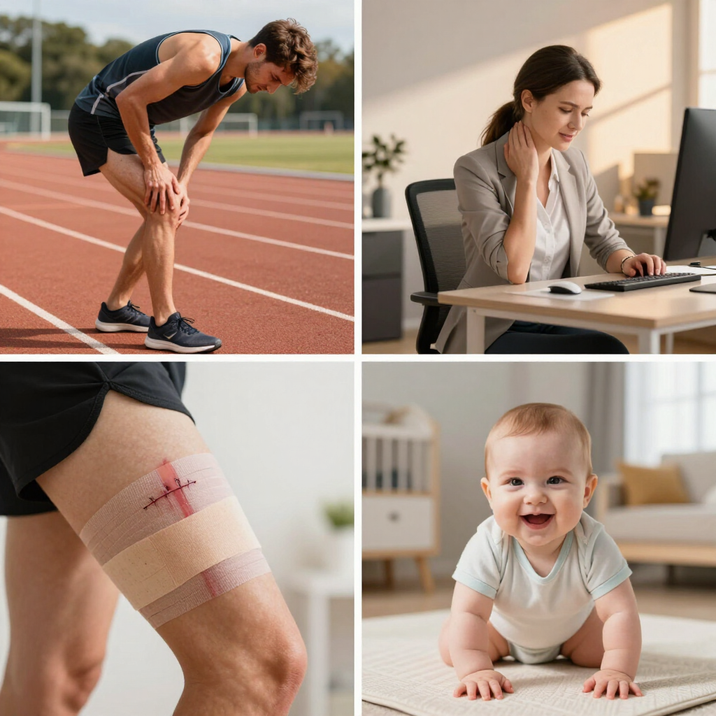 Image of the types of people that would benefit from DNS therapy Burlington. Athletes, people with postural pain, post surgical cases, and paediatric patients.