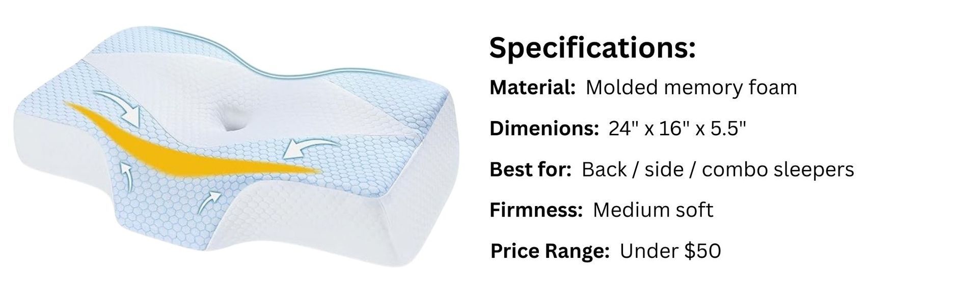 Image of Mkicesky Orthopedic Cervical Pillow and specifications table
