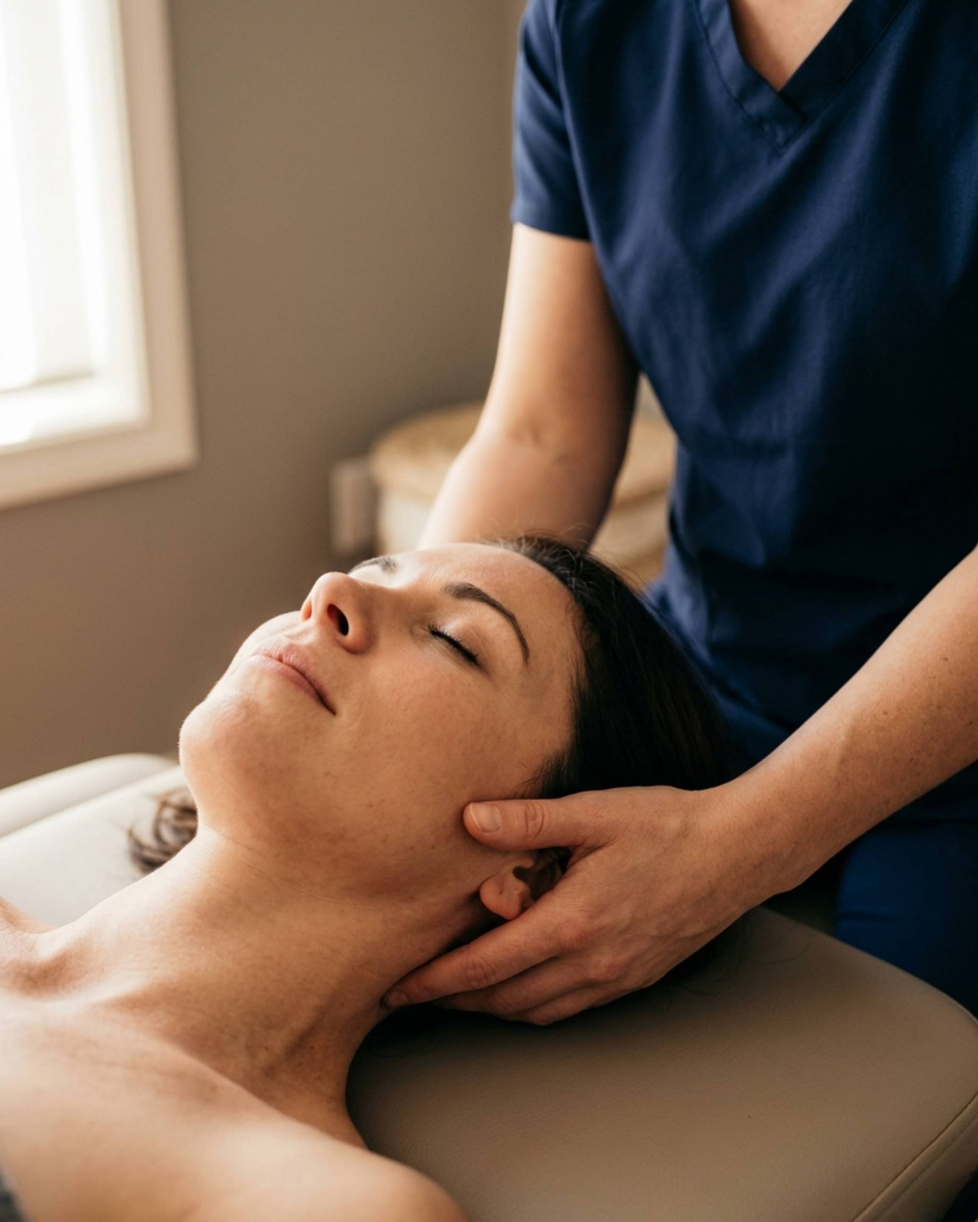 Healthcare practitioner performing manual therapy on a patient's jaw and upper cervical spine at a Burlington clinic
