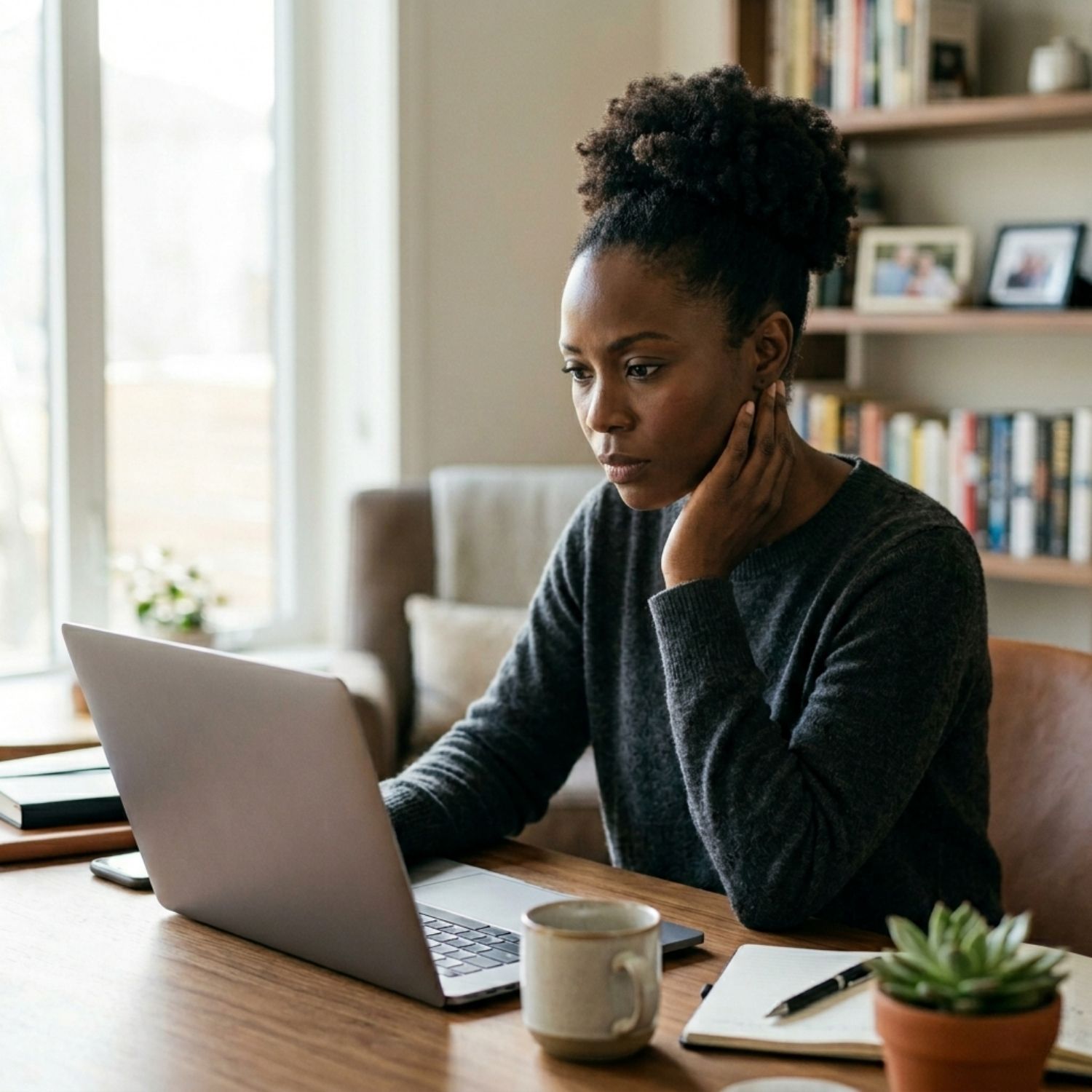 Person resting hand on jaw while working at a desk — a common habit that contributes to TMJ pain