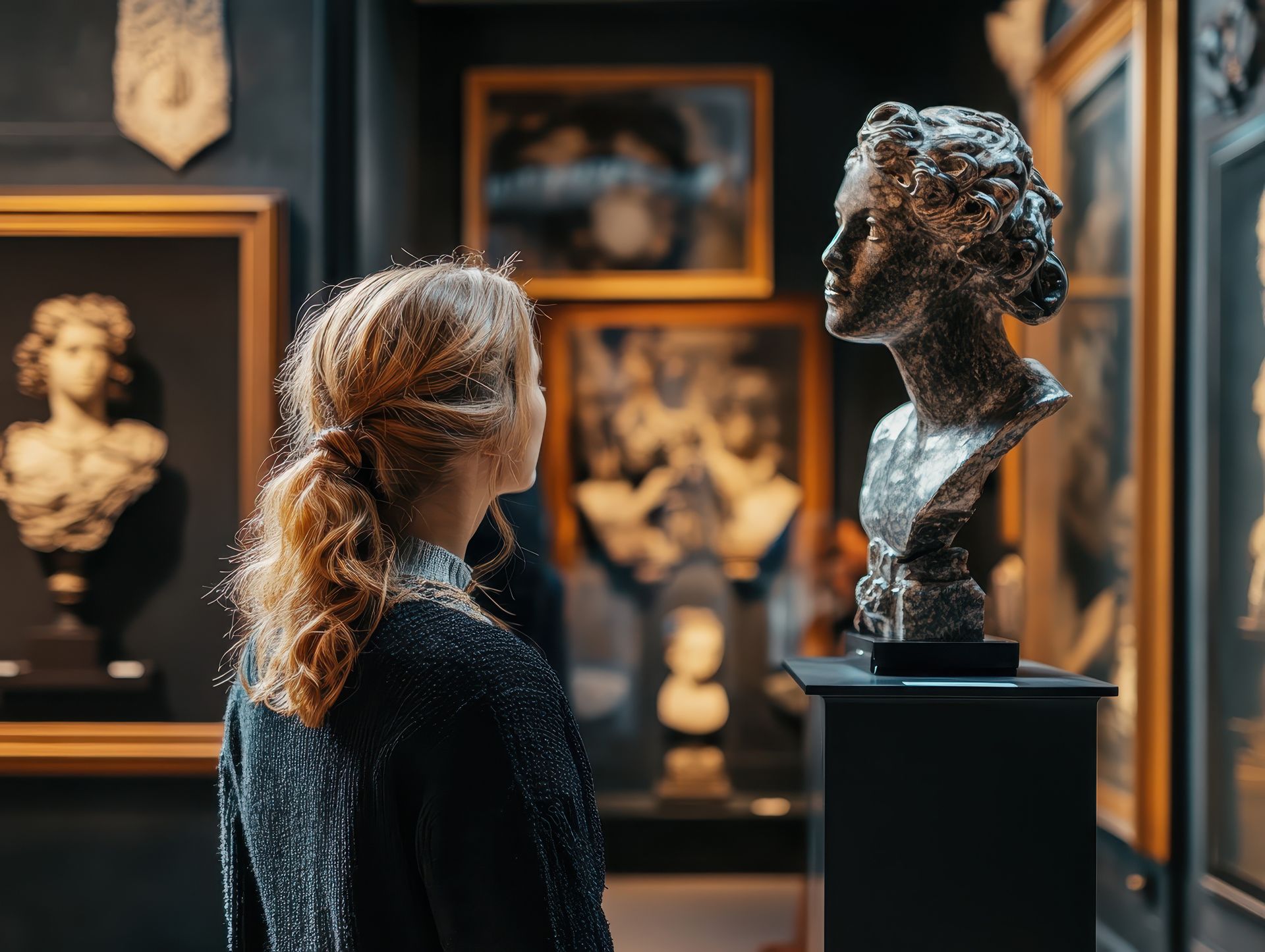 Uma pessoa com cabelo encaracolado observa um busto esculpido em metal numa galeria de museu com pouca luz.