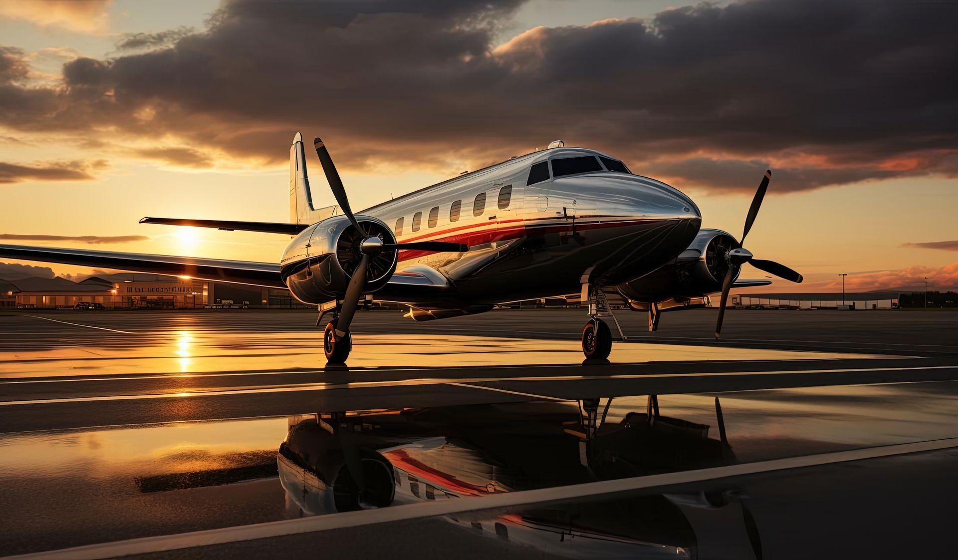 Um avião bimotor prateado e polido repousa numa pista molhada ao pôr do sol, refletindo a luz alaranjada e quente.