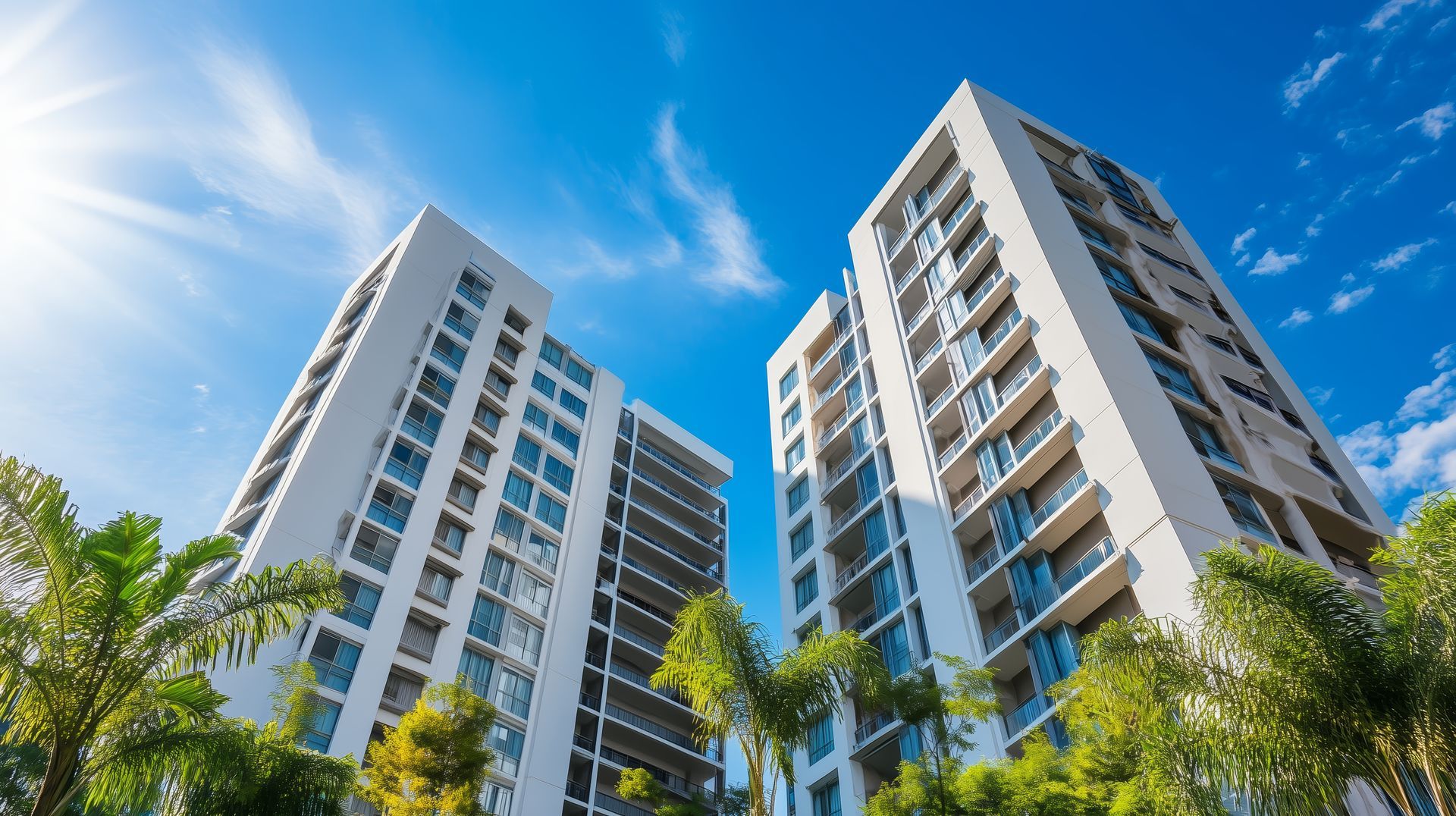 Dois prédios de apartamentos de vários andares se destacam contra um céu azul brilhante, com palmeiras em primeiro plano.