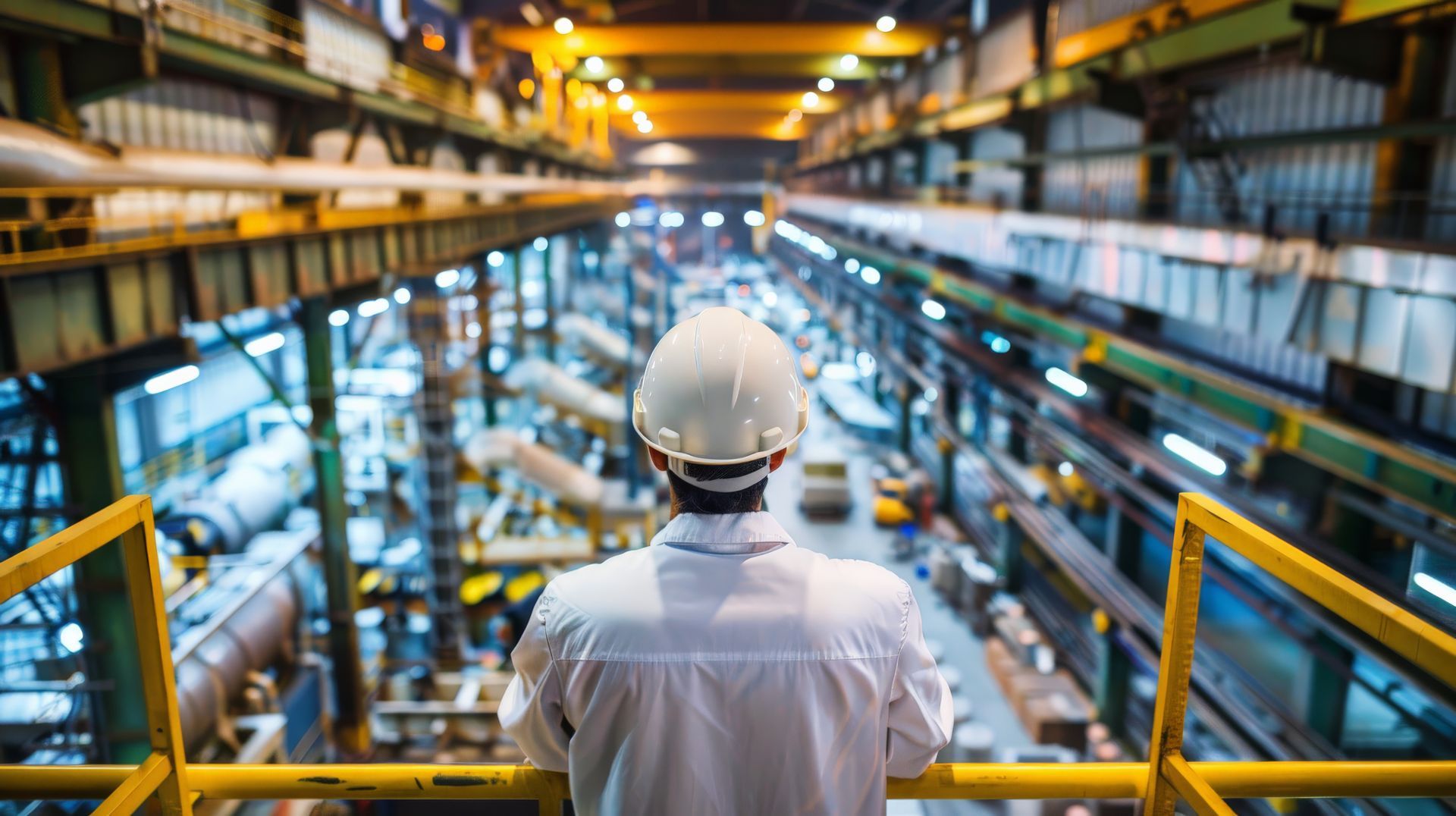 Uma pessoa usando capacete e camisa brancos observa uma vasta fábrica industrial de uma plataforma de metal amarela.