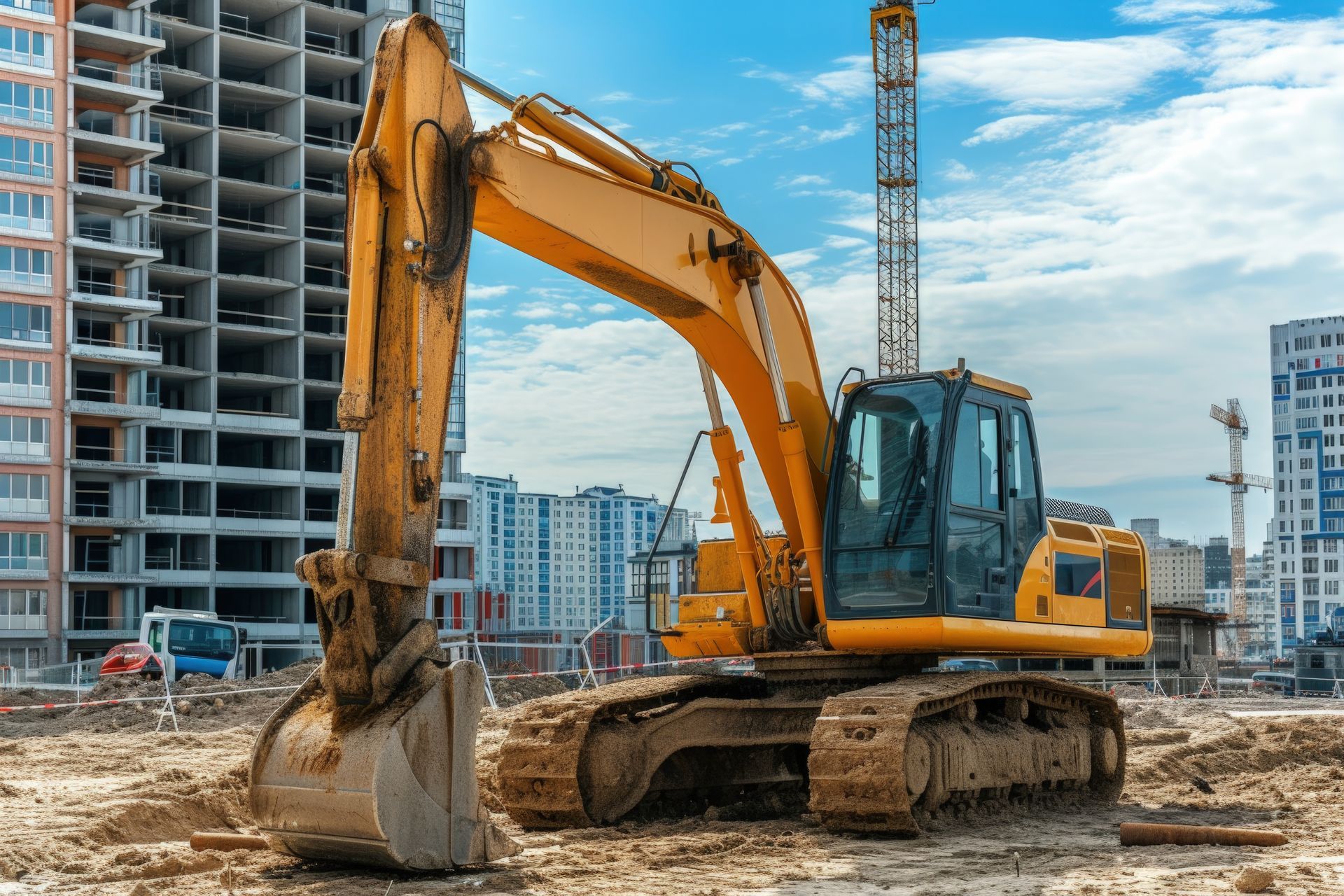 Uma escavadeira amarela em um canteiro de obras com prédios de vários andares em construção ao fundo.