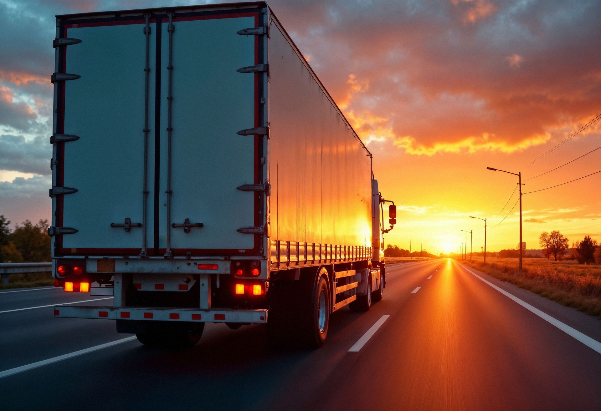 Um caminhão semirreboque trafega por uma rodovia em direção a um pôr do sol vibrante.