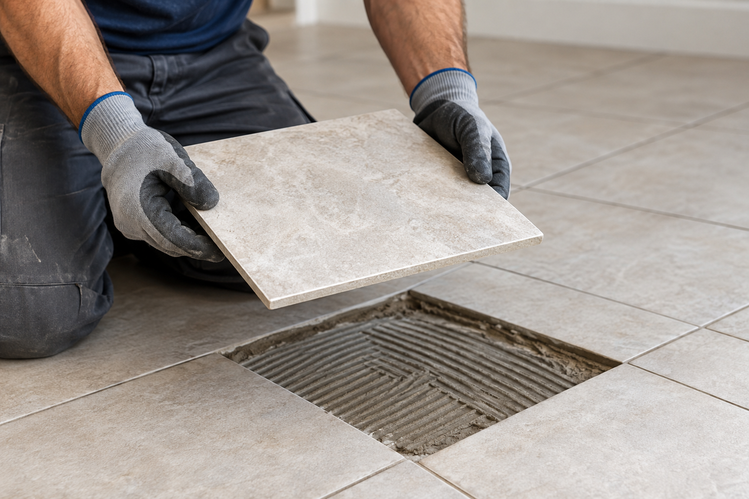 Worker installing a floor tile over an open square vent in a tiled room